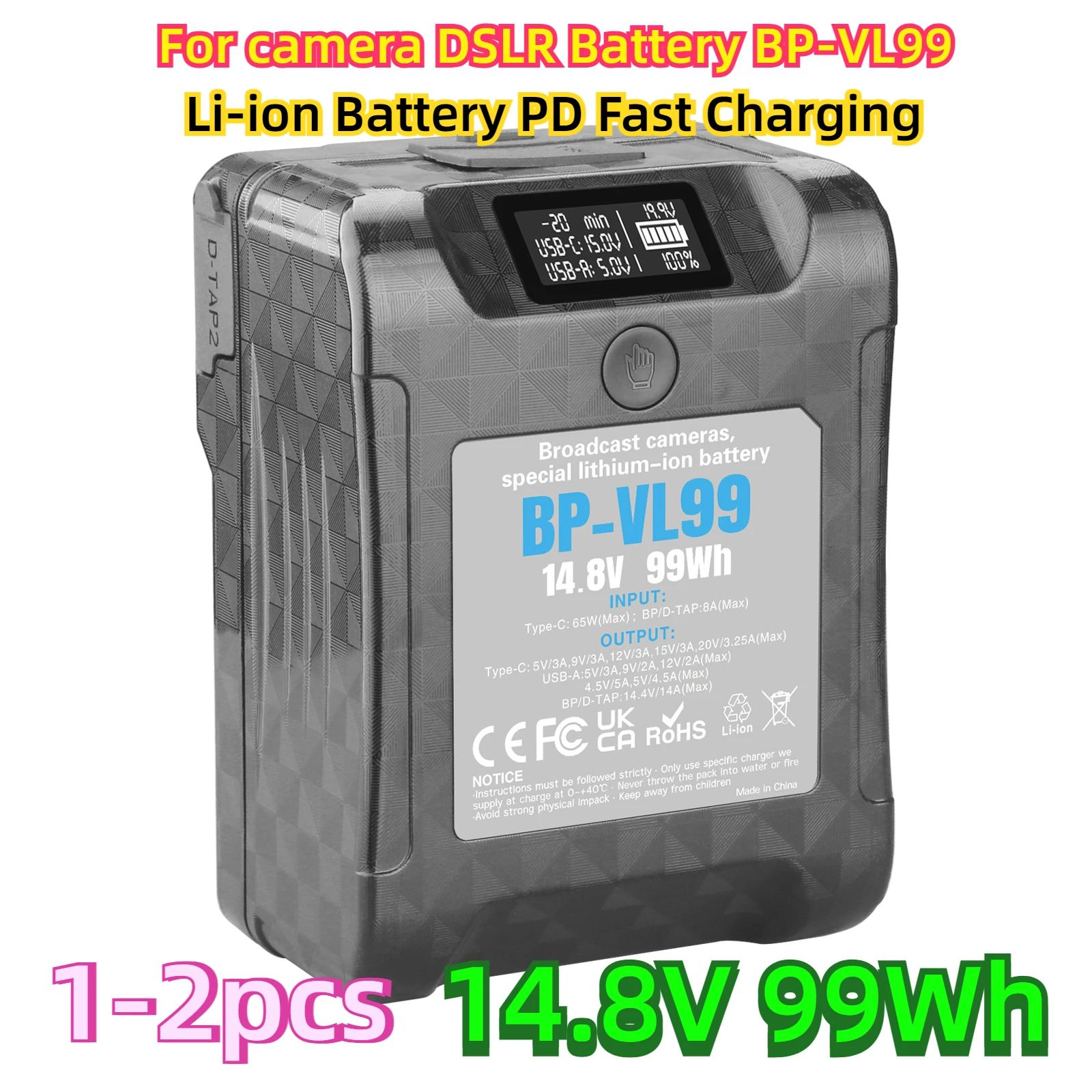 

For camera DSLR Battery BP-VL99 14.8V 99Wh V Mount Battery w LCD display V Lock V Shape Li-ion Battery PD Fast Charging