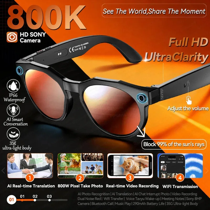 4K HD AI Smart Glasses Men 800W Pixel Camera Bluetooth Call 4GB WIFI Transmission Voice Assistant Smart Glasses Women
