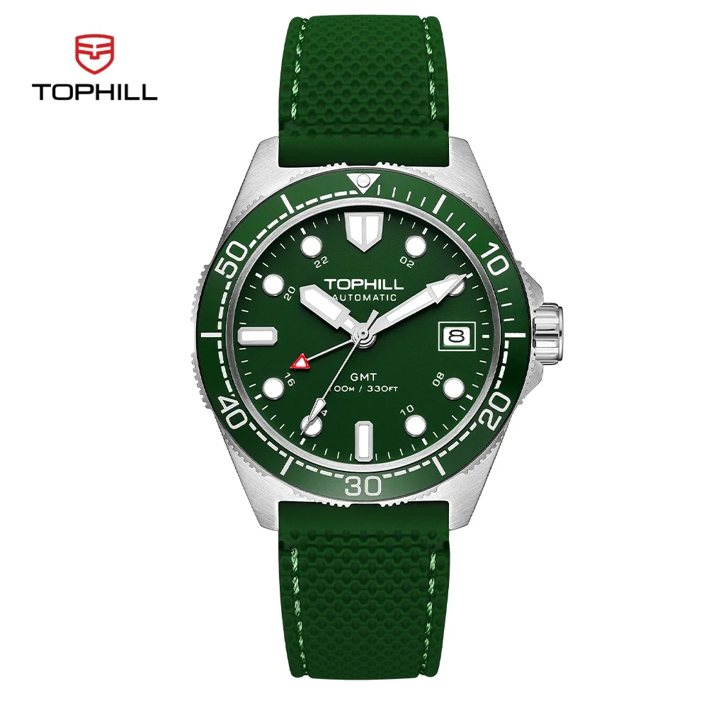 TOPHILL Green Dive Watch  NH35 GMT  Luminous Watches 20 Bar  Waterproof Automatic Watches  Sapphire Crystal Red Hand Watch