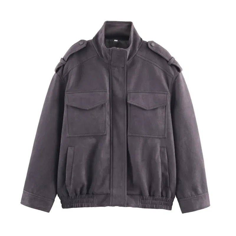 

Women High Collar Suede Jacket Autumn Long Sleeve Zipper Pocket Jacket Lady Coats Causal Female Chic Tops