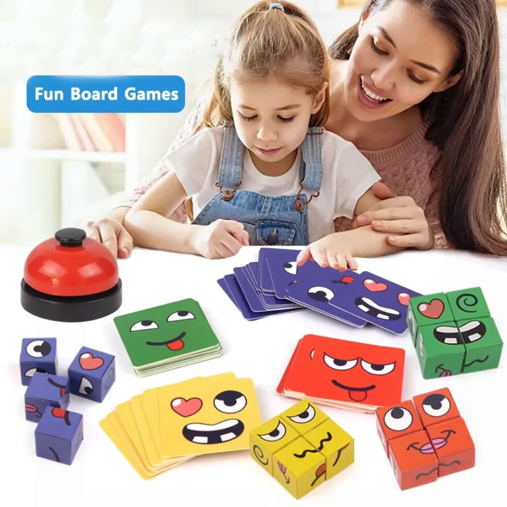 Wooden Face Changing Magic Cube Game, Expression Puzzle Building Blocks Pattern Matching Game, Educational Puzzles Toy for Kids