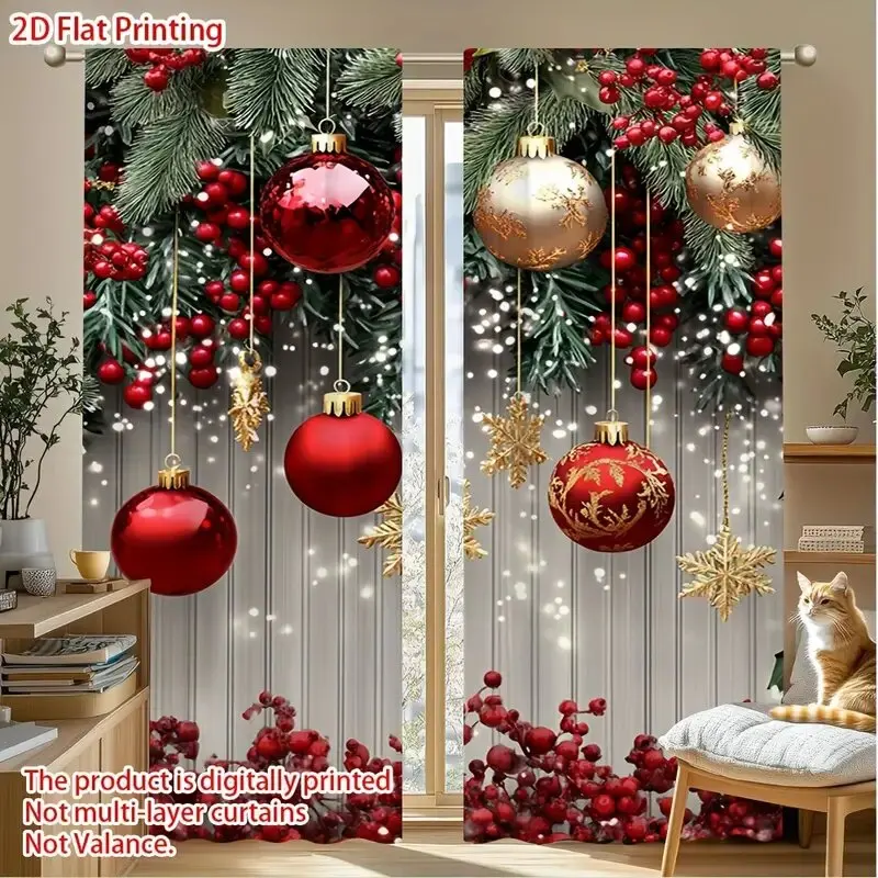 2pcs - Christmas pine branches, Christmas balloons print curtains, pole bag curtains, home decoration, room decoration