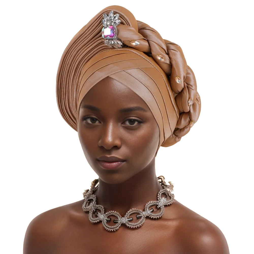 African Turban Cap for Lady Raw Silk African Auto Gele Headtie Diamonds Nigeria Geles Party Headgear Pleated Braid Head Ties