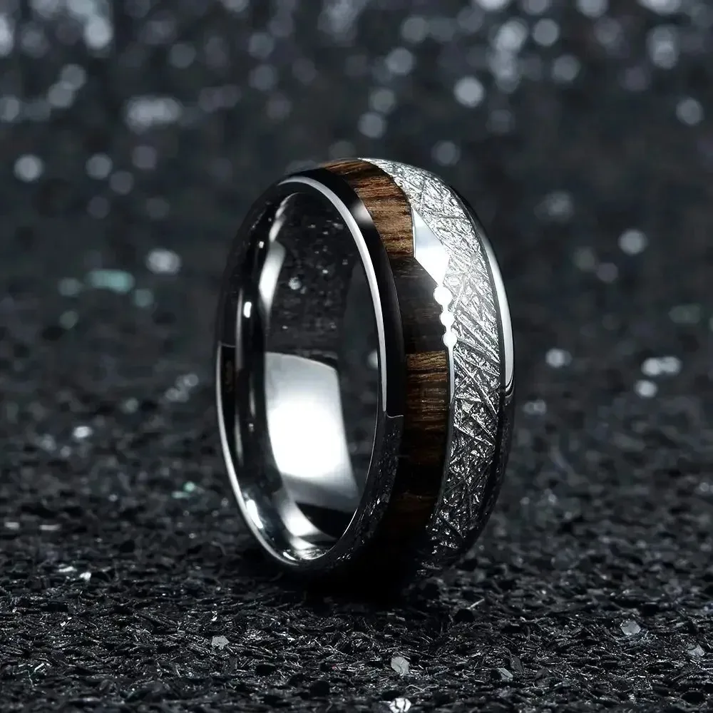 Fashion 8mm Men Silver Color Stainless Steel Arrow Rings for Men Inlaid Koa Wood Meteorite Wedding Band Jewelry Drop Shipping