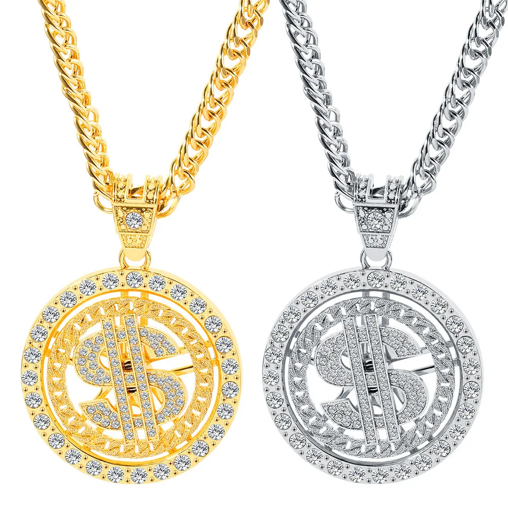 

Rap accessories Diamond dollar rotating pendant necklacea gold chain USD necklace hip-hop personality trendy item cosplay