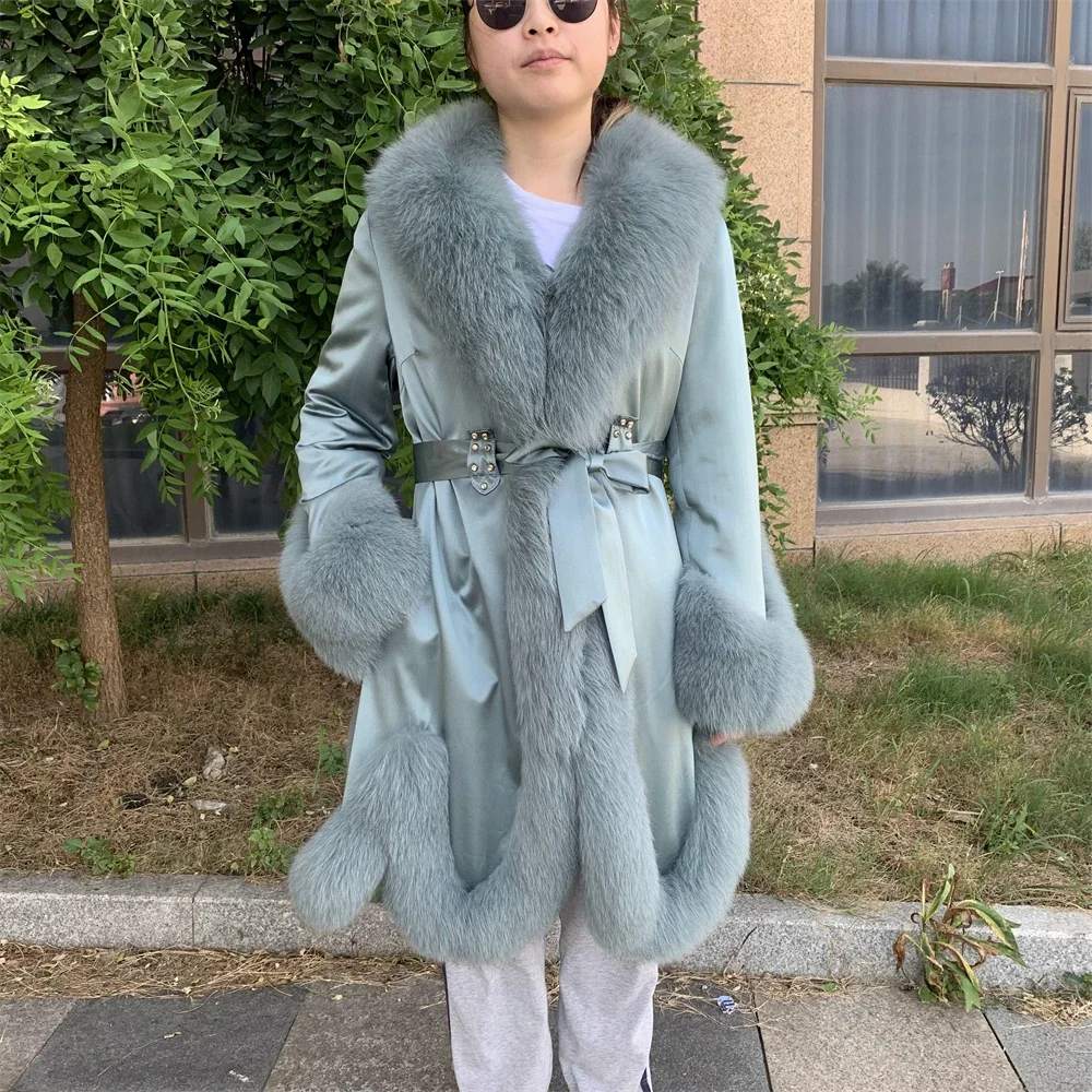 Factory Wholesale Winter Warm Thick Anti-shrink 100% Silk Long Trench Coat Ladies Fluffy Real Fox Fur And Silk Coat