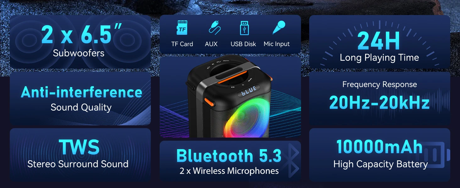 Karaoke-Maschine, tragbarer Bluetooth 5.3-Karaoke-Lautsprecher, PA-System für Erwachsene mit Echo-Einstellung/LED-Leuchten, unterstützt TV/USB/AUX/TF – Detail 2