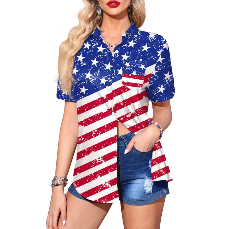 Patriotic Button Down Shirt - America Flag Graphic T-Shirt Short Sleeve Fashion Clothes Lapel Blouse