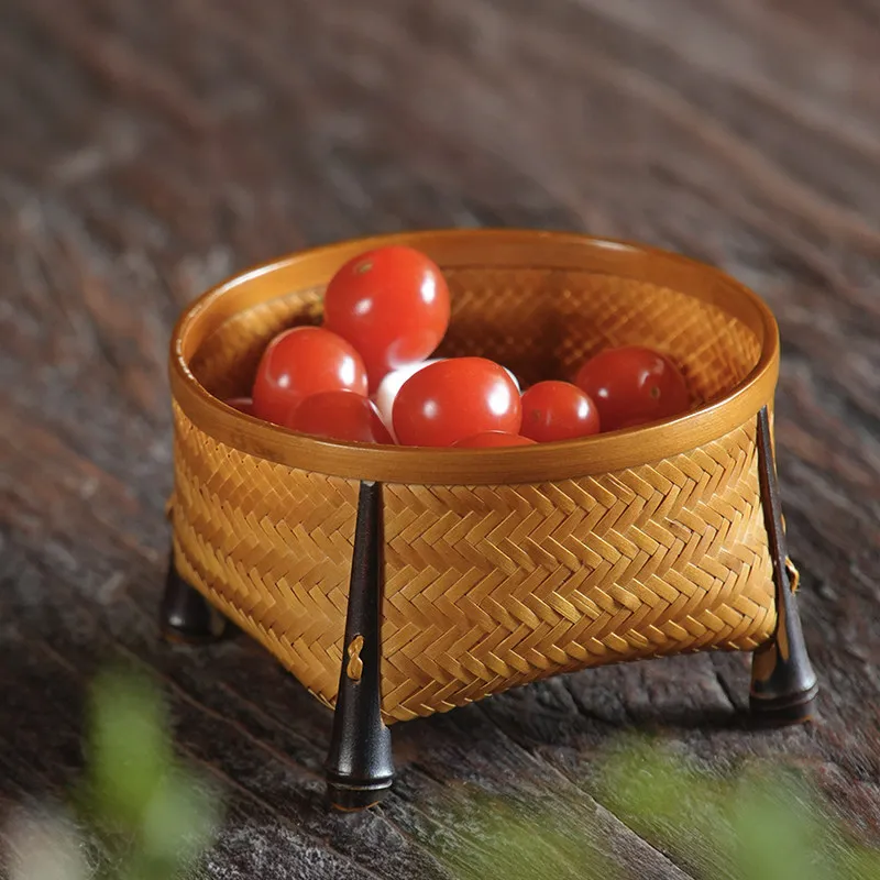 Premium Handmade Bamboo Woven Baskets Retro Tea Set Storage Fruit Dried Snacks Trays Rustic Kitchen Sundries Organizer Home Deco