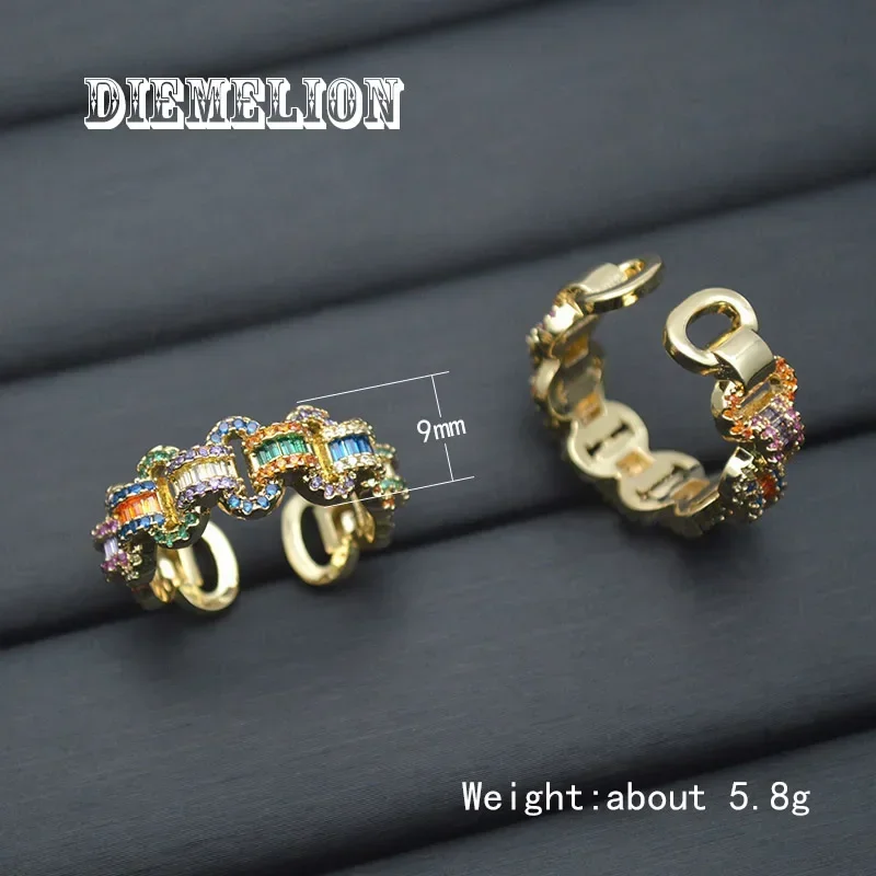 Chic Dazzling Cuban Link Chain Rings for Women Full Pave Rainbow Zirconia Tennis Ring Fashion Accessories Hiphop Rock Jewelry