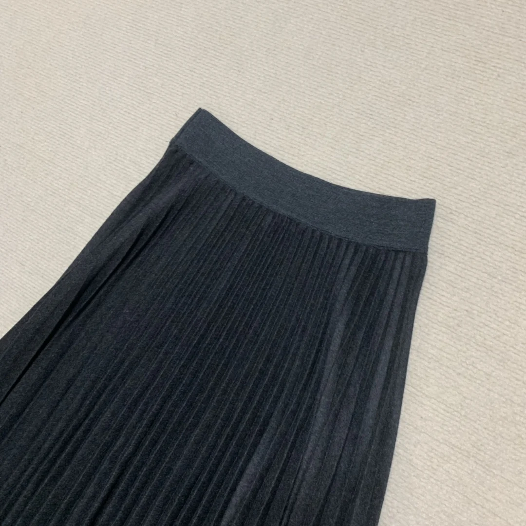 Black Khaki Flannel Pleat Woman Midi Skirt Folds New High Quality 2023 Female Clothing