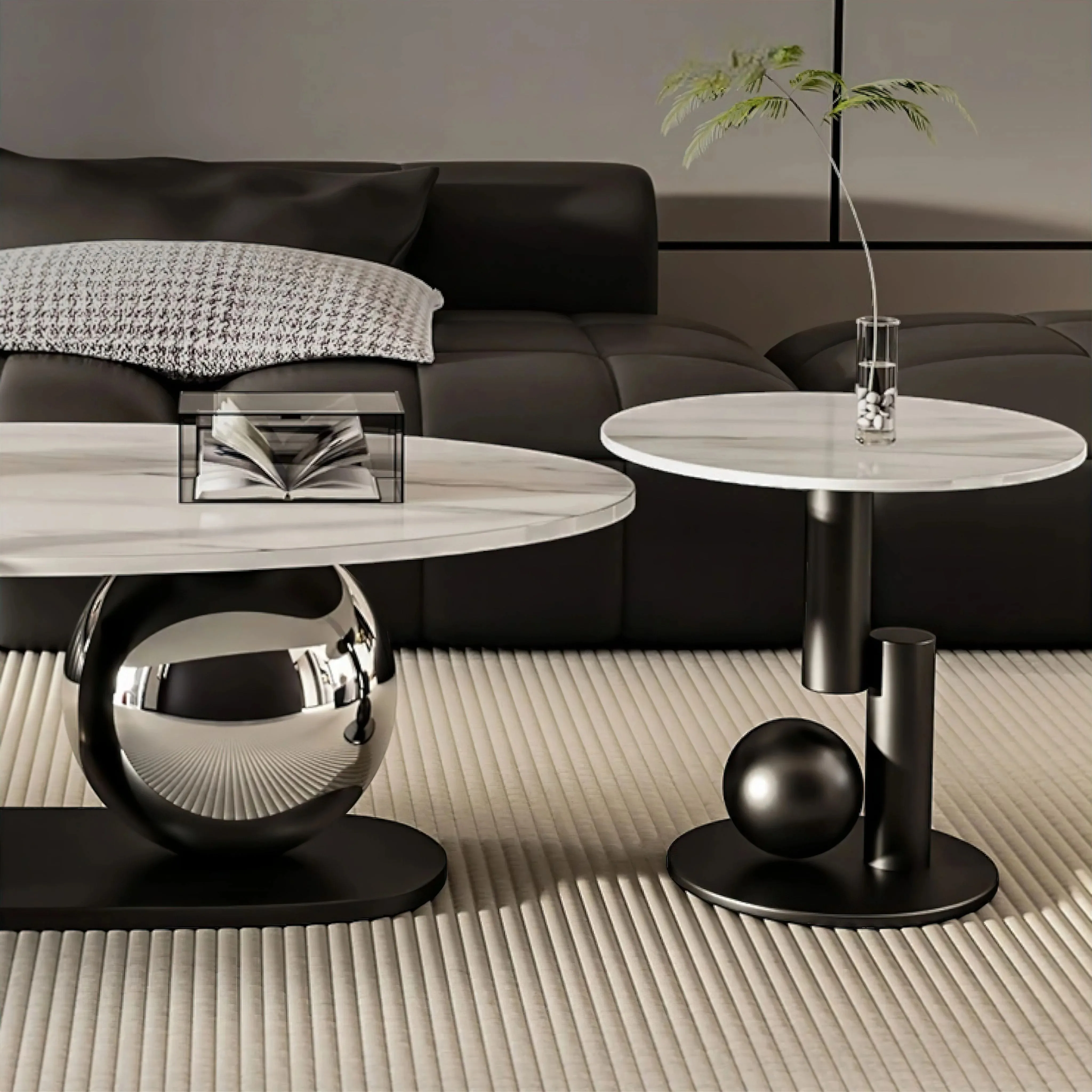 Custom Luxury Metal Steel Frame Sintered Stone Center Table Oval Shaped End Table for Living Room Modern Design Coffee Table Set