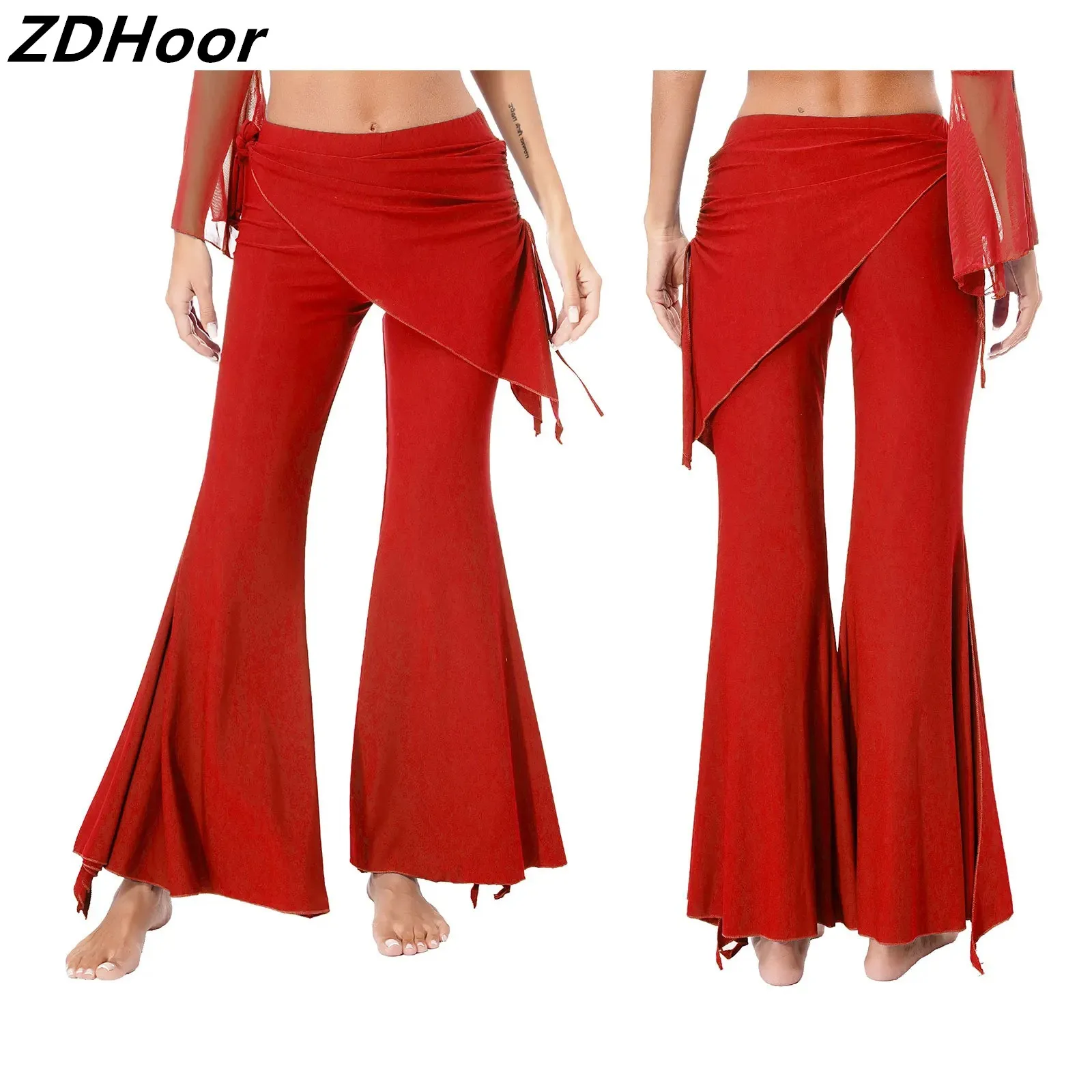 

Womens Split Flared Belly Dance Pants Halloween Carnival Costume Solid Color Pants Lace-Up Skirted Pants