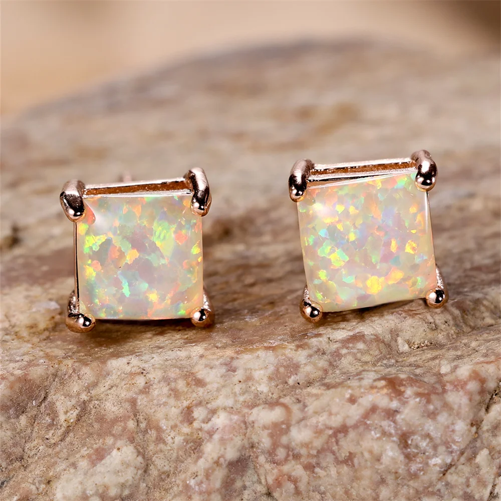 Square Stone 4/5/6/7MM White Fire Opal Stud Earrings For Women Vintage Rose Gold Color Wedding Jewelry Bridal Engagement Gifts