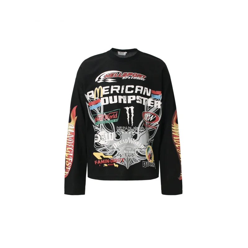 

Новинка осени 202, мужская черная хлопковая футболка с длинным рукавом, американский уличный стиль ретро, цельнообратный графический буквенный принт