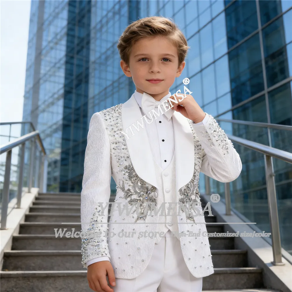 Unique Design Children Suits For Wedding Appliques Beads Crystal Floral Boys Blazers Customized 3 Piece Sets Kids Tuxedos Luxury