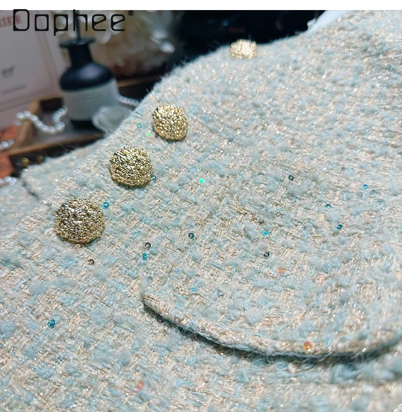 French Style Elegant Socialite Silver Thread Wool Coat Women High-end Fashion Loose Blazer Female Casual Sequin Stylish Coats