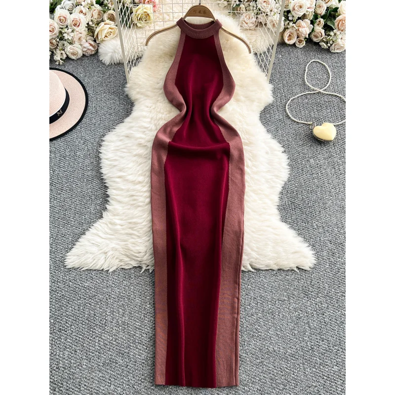 INS women sexy summer chic halter neck knitted bodycon long dress casual patchwork party sheath elegant streetwear club dress