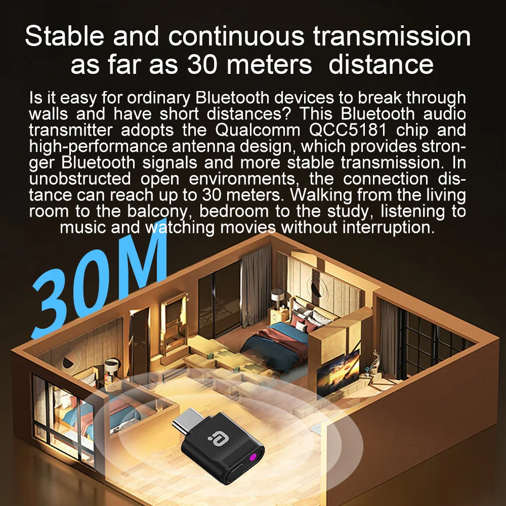 Aoyin MR286 Type-C Bluetooth 6.0 Transmitter LDAC aptX Lossless 96kHz/24bit 1-to-2 Dual Output for Phone PC TV - Image 5