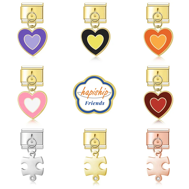 Hapiship Friends 2024 Women Fashions Heart Puzzle Charm Links Fit 9mm Bracelet Stainless Steel Making DIY Jewelry NEW235