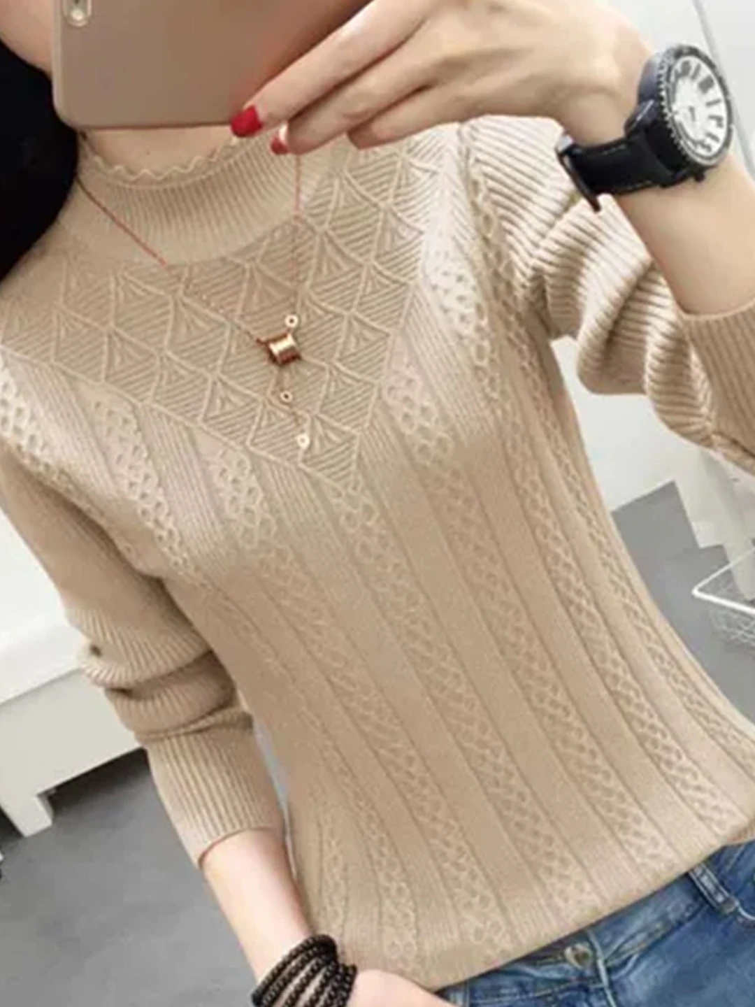 Women's Half High Collar Knitted Sweater Long Sleeve Lace Collar Pure Color Base Shirt Casual Style Autumn Winter New Arrival