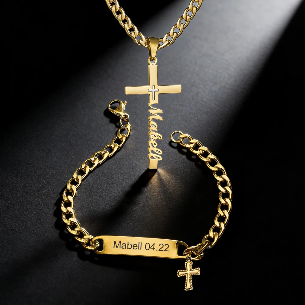 

Personalized Custom Name Cross Necklace Bracelet Jewelry Set Stainless Steel Engrave Name Bracelet for Women Man Birthday Gift