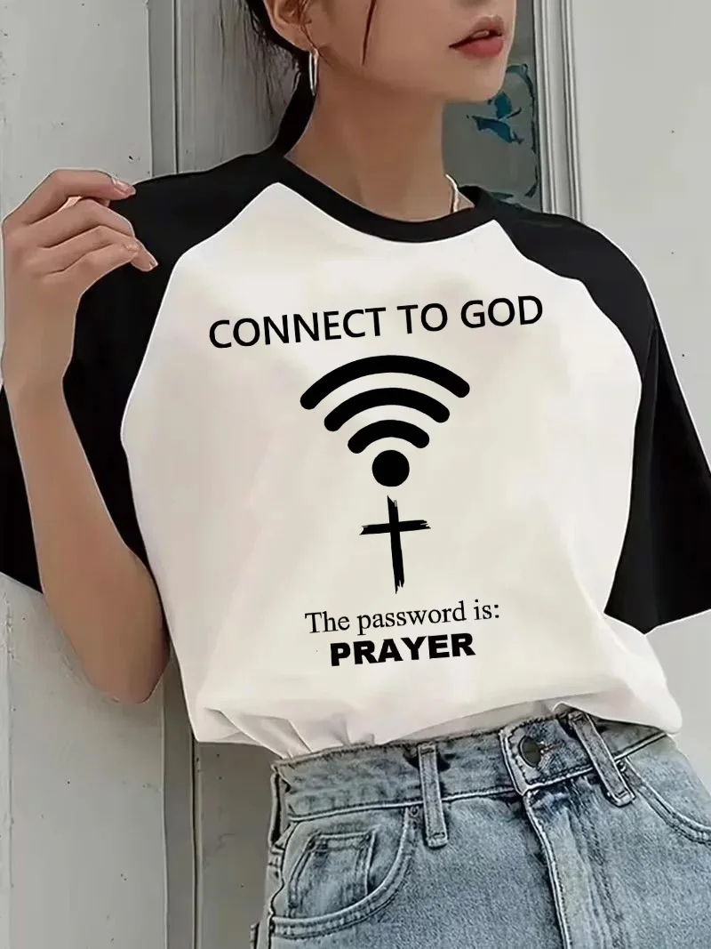 90s Y2k Funny Tees Tops Casual Graphic T-Shirt Women's Connect To God Jesus Print Crew Neck Short Sleeve T Shirt Clothing