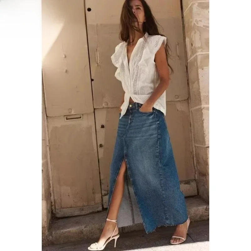 

New 2024 Midi Split Design Jeans Skirt Women's High Waist Mid-Length f Skirt Faionable Versatile Straight Cut Skirt