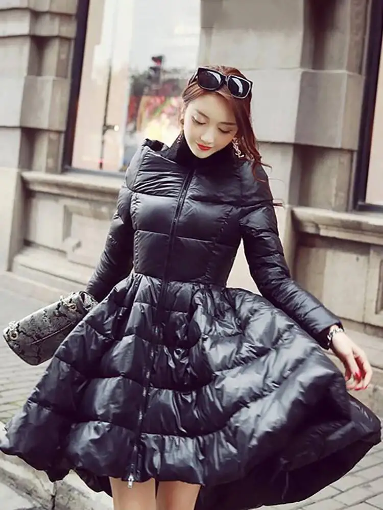 Fashion Color-block Stand Collar Cotton-padded Coat Women's Waist-cinching Irregular Big Swing Quilted Jacket Winter