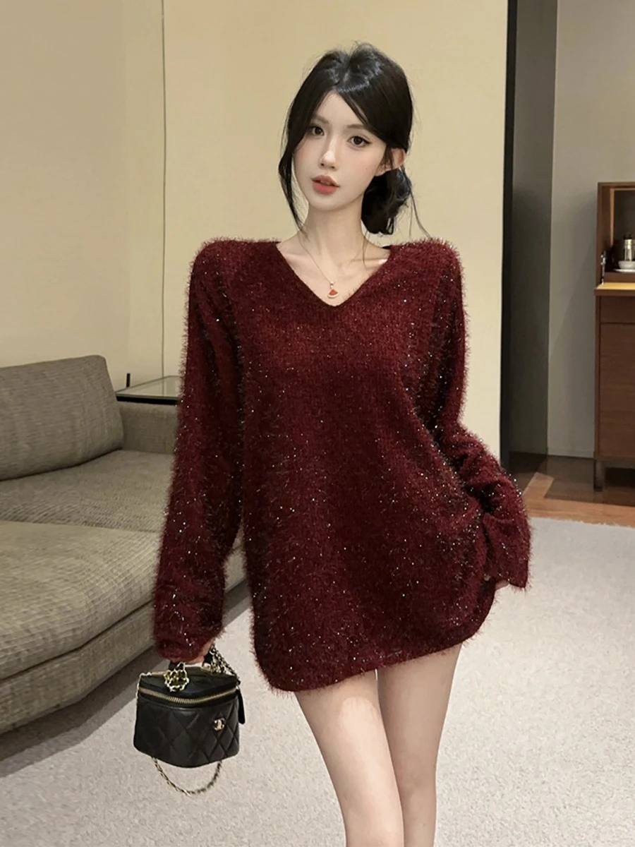Elegant Red V-Neck Long Sleeve Shiny Sequin Top Women's Premium Feel Autumn New Style Heavy Embroidery Gold Thread Slimming r...