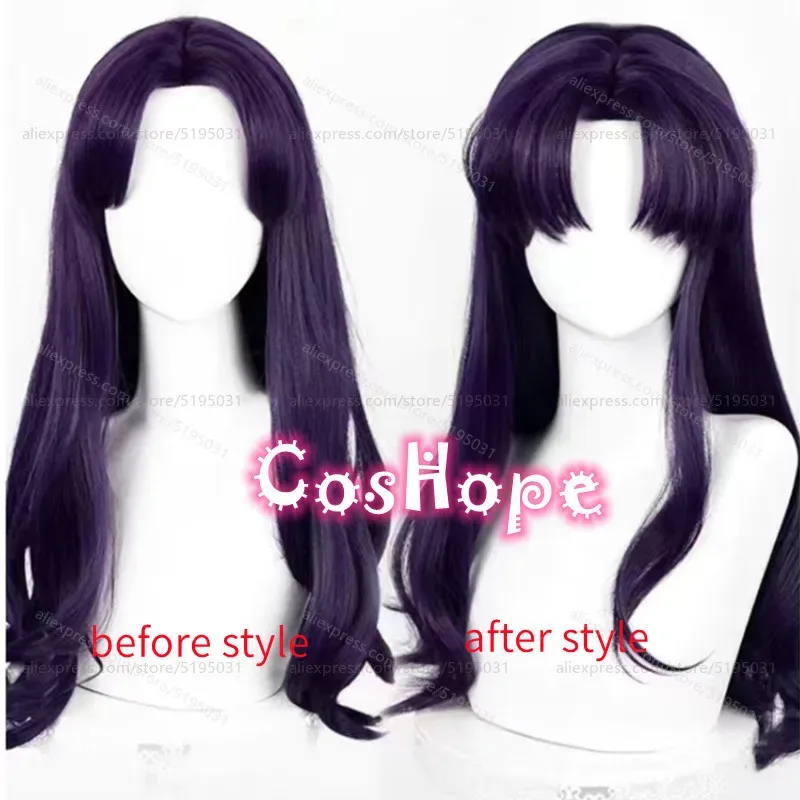 Katsuragi Misato 55cm طويل مجعد أسود أرجواني شعر مستعار أنيمي تأثيري مقاومة للحرارة بيروكات صناعية هالوين