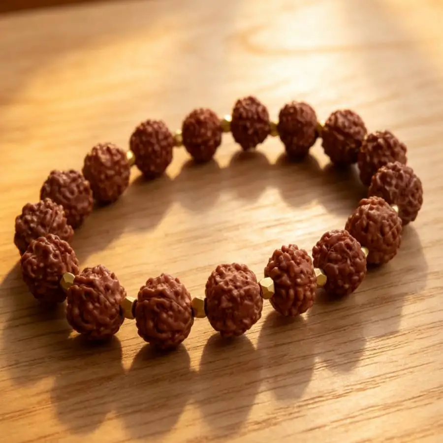 8mm Natural Rudraksha gemstone beads 18k gold Bracelet Custom Adjustable Contemporary Durable Artisan Classic Handmade Fabric