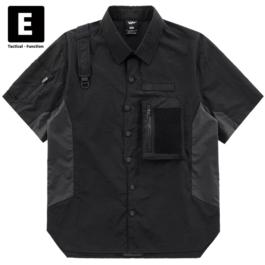 

Black Techwear Cargo Shirt Men Spring Summer Short Sleeve Shirts Jackets Patchwork Shirt Streetwear Male