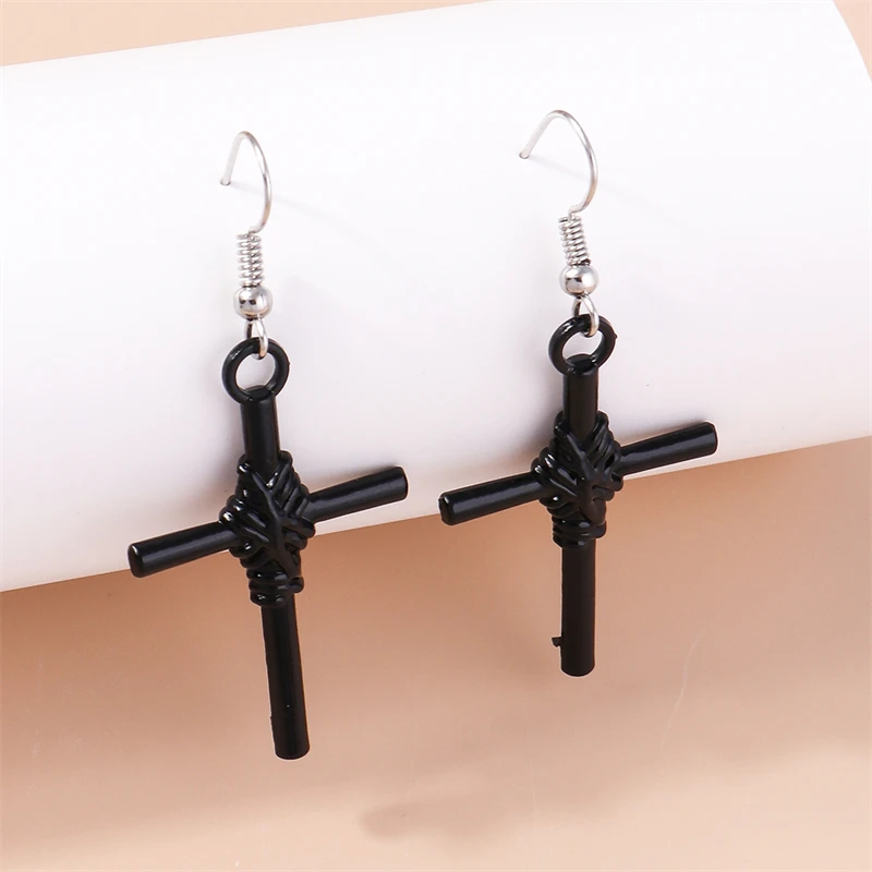 Women's Gothic Black Cross Drop Earrings, Dangle Hook Design