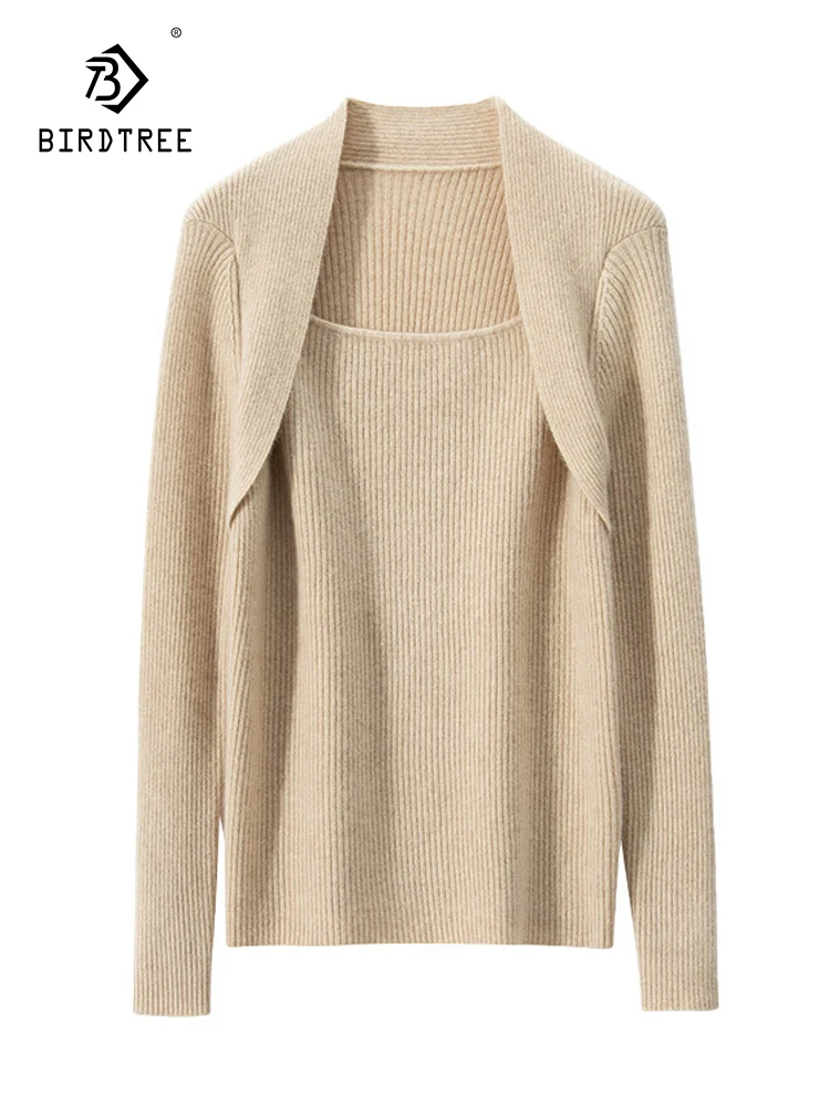 

Birdtree 35% Cashmere 65% Wool French Style Sweater Fake Two Piece Women Autumn Square Neck Clavicle Slim Fit Sweater T38486QC