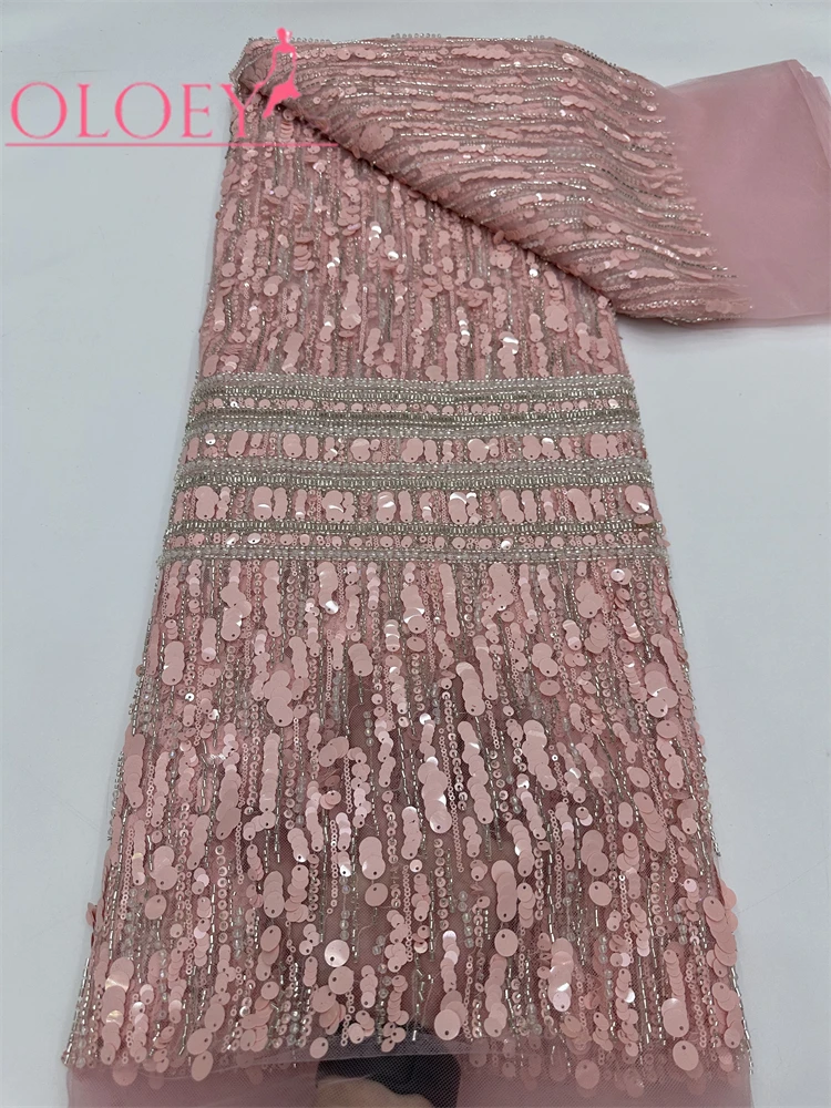 OLOEY  African Beaded Lace Fabric  High-Quality Nigerian Tulle Mesh Sequined Lace Fabric Suitable for Sewing Women's Garment