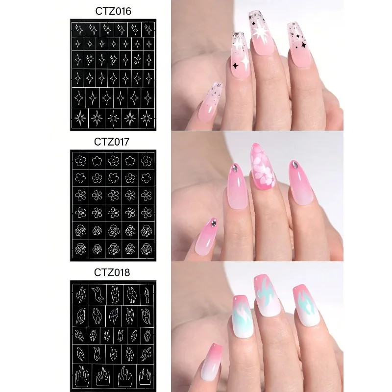 1pc6 Style Hollow out Nail Art Stickers,HeartStarButterflyFlower Flame Shape Self-Adhesive Nail Tips Nail Art Decoration Stencil