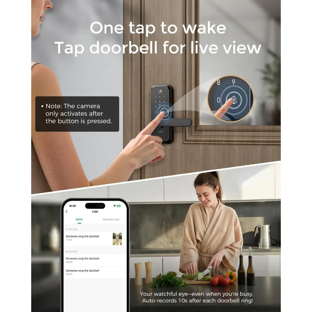 Bloqueio inteligente de vídeo WiFi com câmera e alça - entrada sem chave 6 em 1 (impressão digital/aplicativo/teclado/FOB/chave/câmera), WiFi integrado, 2 vias