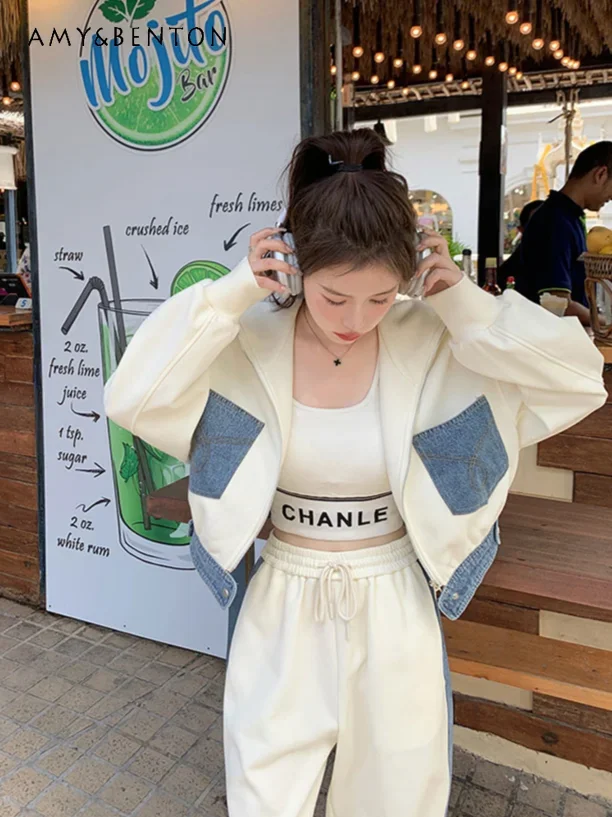 Spring Autumn Korean Fashion Denim Stitching Casual Outfits Preppy Style Sailor Collar Zipper Coat Wide Leg Pants Two-Piece Set