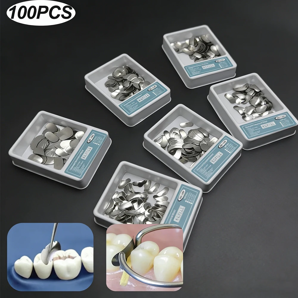 

100Pcs Dental Sectional Matrix Band Kit Contoured Metal Matrices with Rings for Teeth Restoration
