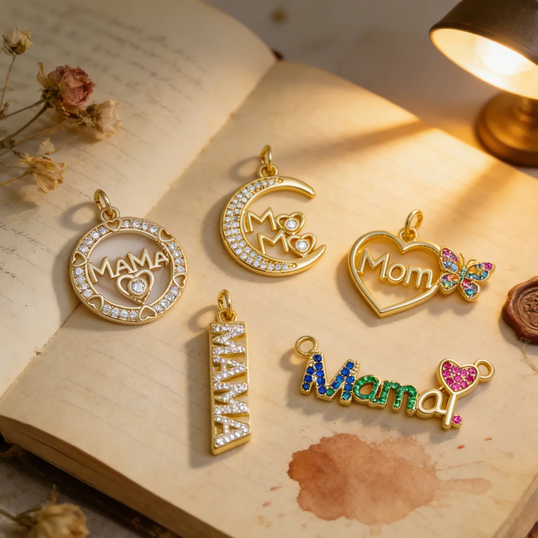 3Pcs Pendants MAMA Mom Charm Heart Round Moon Hollow Brass Color Zircon for DIY Jewelry Necklace Bracelet Making Mother Day Gift