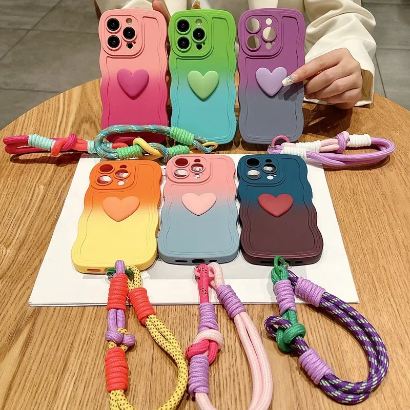 3D Cute Love Heart Gradient Curly Wave Phone Case with Wrist Strap Lanyard For iPhone 16 15 Pro Max 14 13 12 11 XS X XR 7 8 Plus