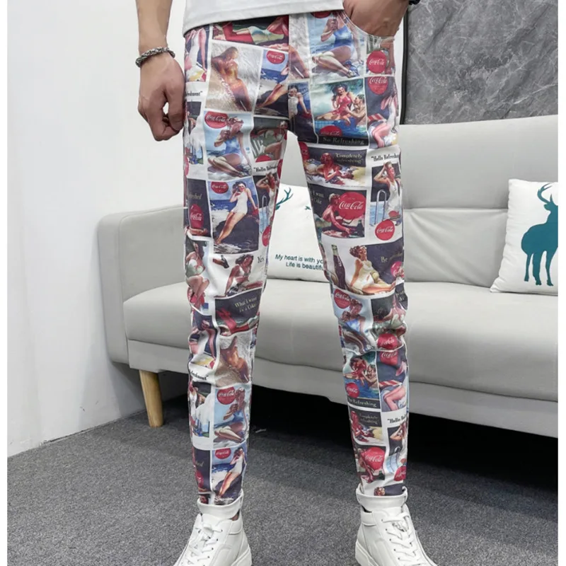 Flower Pants Fashion Elastic Small Foot Casual Pants Graphic Jeans Mens Jeans Skinny Hip Hop Jeans Men Printing Pants Men's Slim