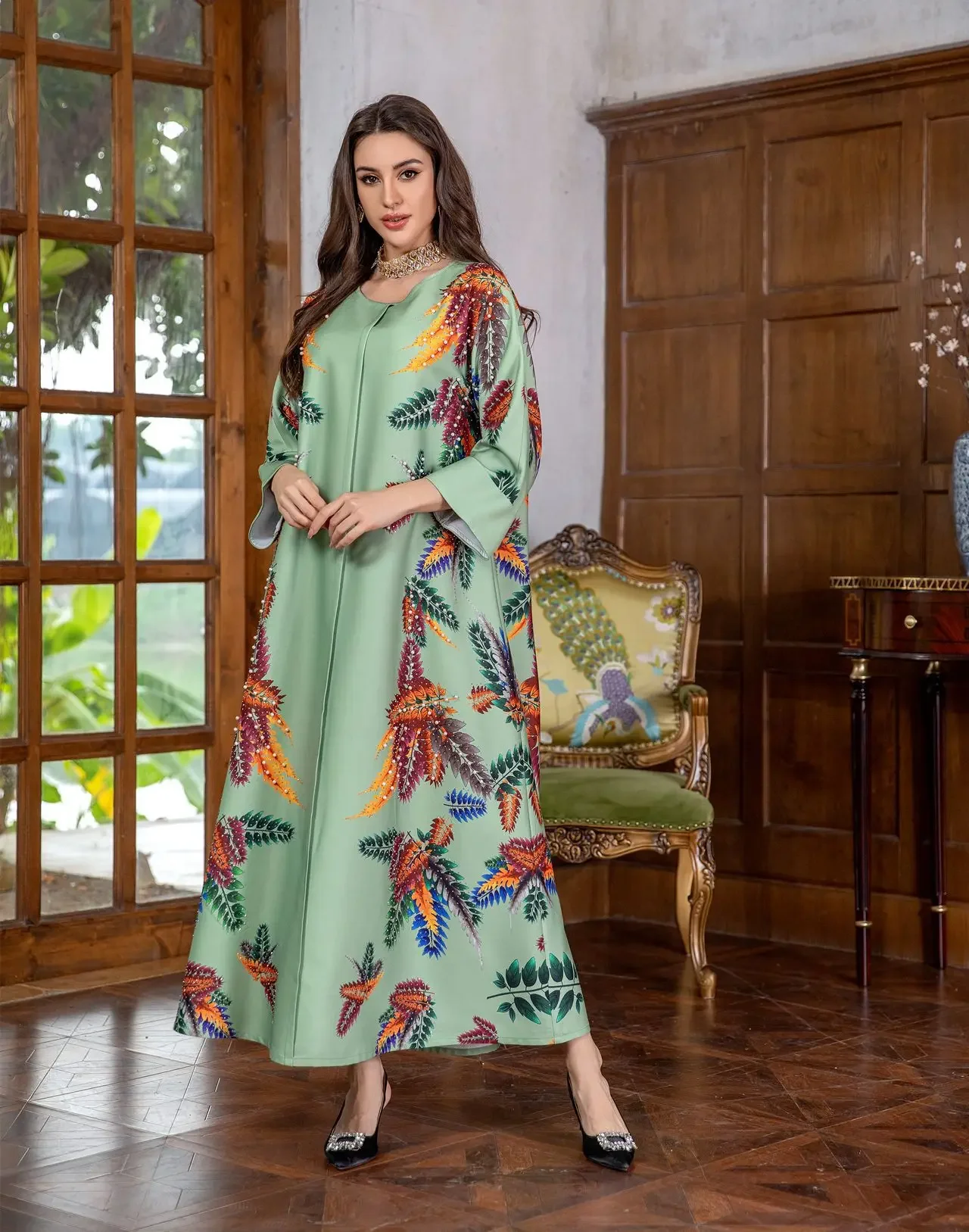 Ethnic Abaya Floral Printed Dress Pearls Diamonds Design Robe Women Muslim Eid Mubarak Jalabiya Ramadan Dubai Turkey Loose Gown