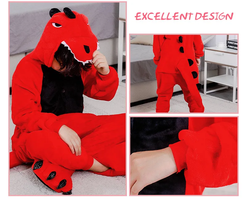 Kigurumi Animal Pajamas Unisex Adults Red Dinosaur Cartoon Onesies Pyjamas Halloween Christmas Family Party Homewear Costumes