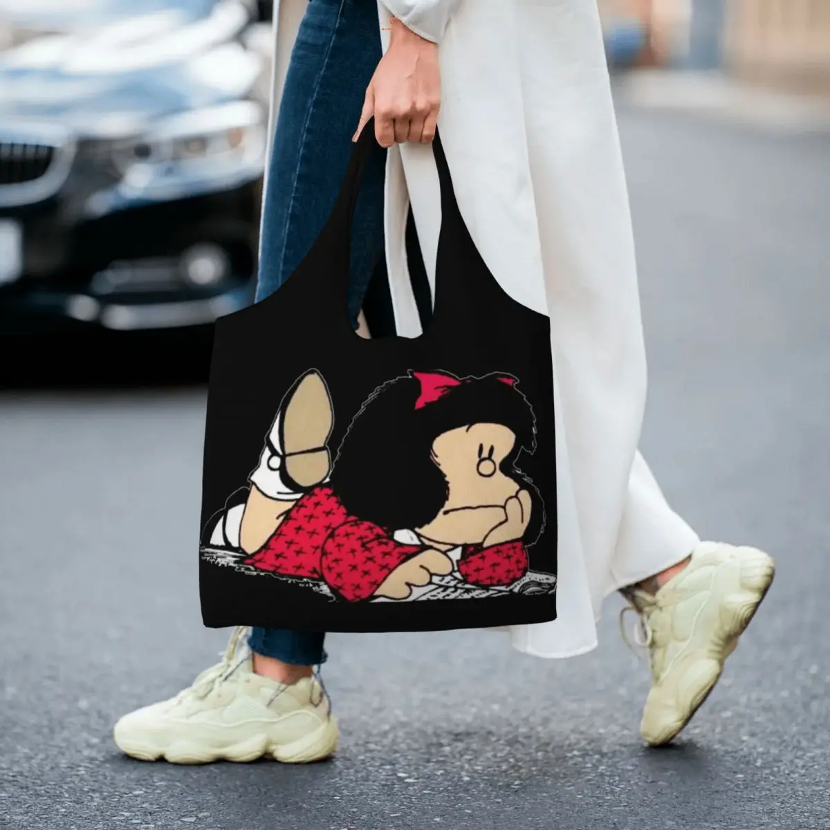 Bolsas de compras de comestibles personalizadas Mafalda, bolsas grandes de hombro de lona, bolsas de cómic portátiles de gran capacidad con dibujos animados de Quino