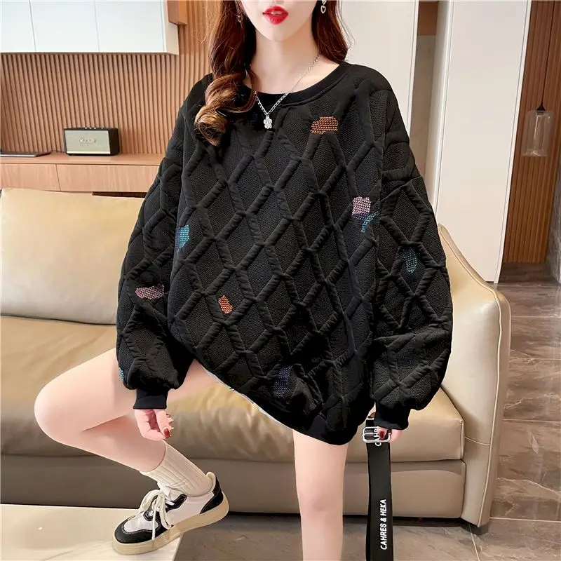 Fashion Rhombus Plaid Pullovers Women Casual Cute Printed Tops Spring Autumn Trend Pullover Loose Design Sense Sweatshirt Y2k