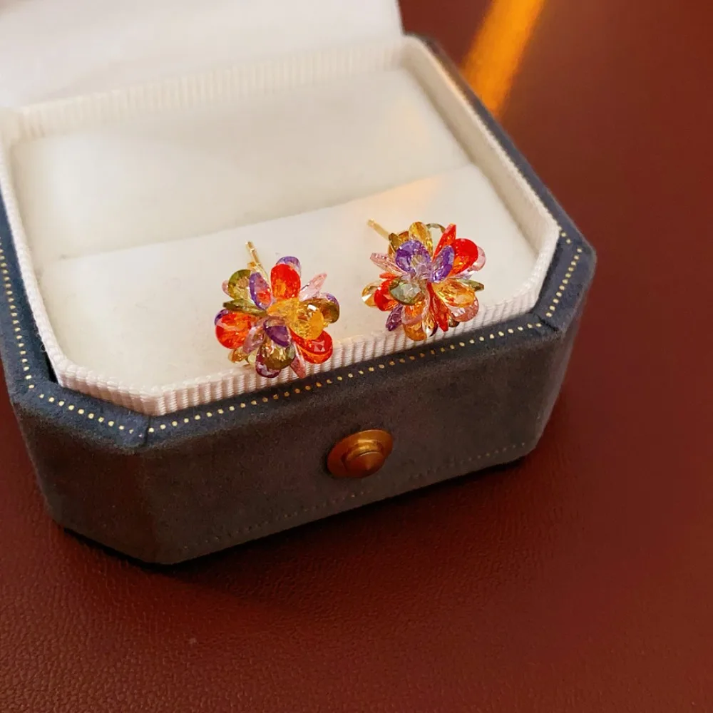 Sweet Versatile Colorful Glass 3D Layered Flower Stud Earrings for Women Spring Summer Dopamine Garden Party Jewelry Accessories