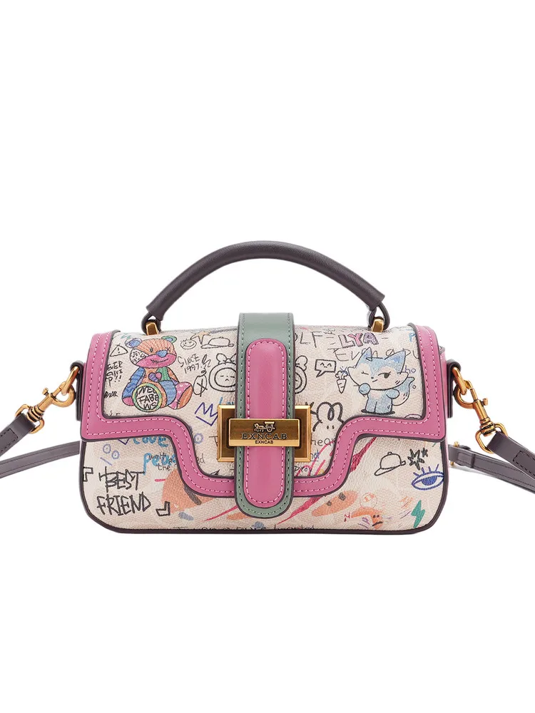 Vintage and Luxury Handheld Square Bag with Fashion Cartoon Graffiti and Premium Leather 2026 Women's New Trendy Crossbody Bag