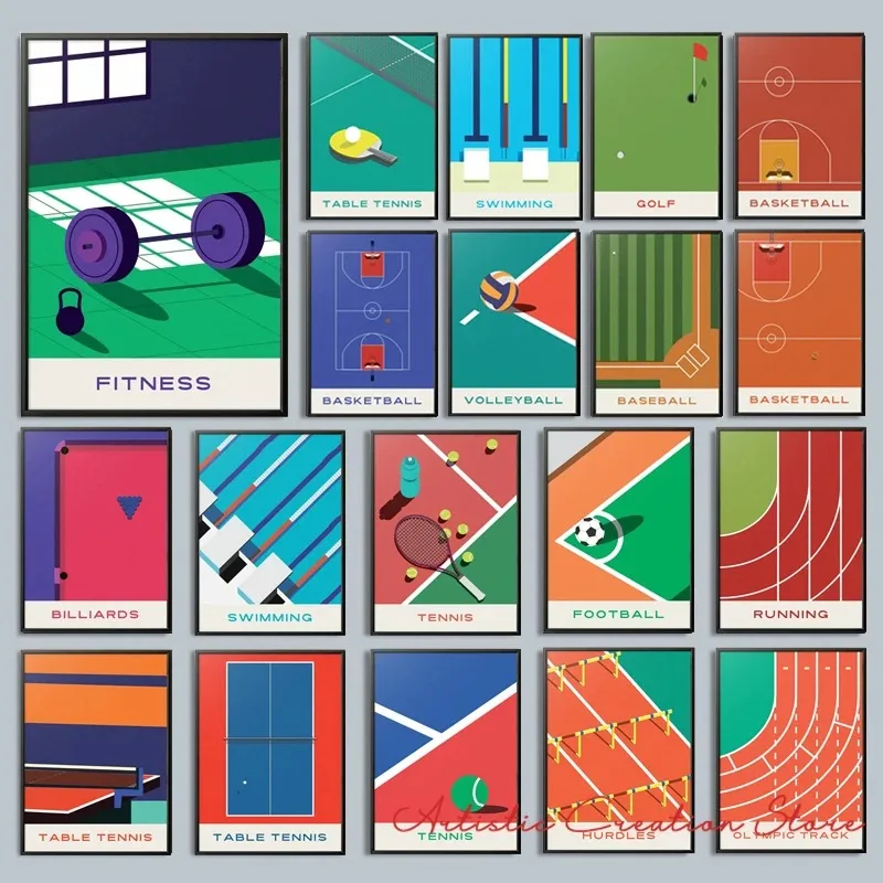 1PC Modern Cartoon Sport Poster Tennis Basketball Swimming Fitness Canvas Painting Pictures for Living Room Gym Wall Art Home